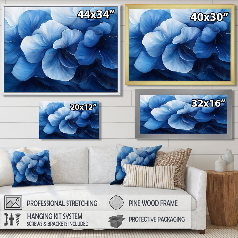 Blanc sur velours bleu jonquilles Bloom II - jonquilles grand art mural, H 30 po x l 40 po, Impression encadrée flottante