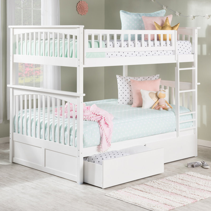 Flinn Solid Wood Bunk Bed with Storage Drawers, White, Full over Full