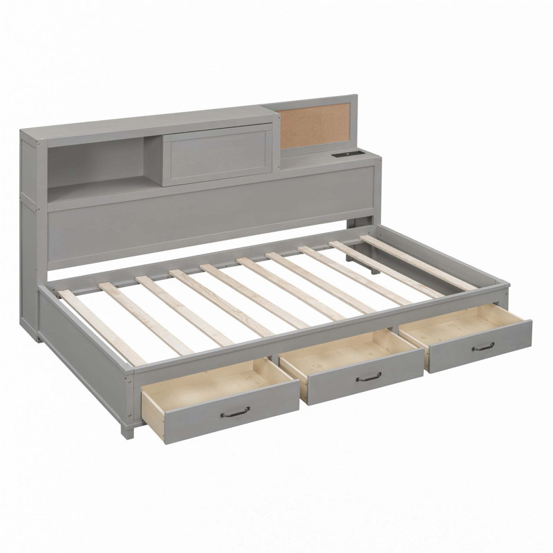 Lit de jour en bois avec 3 tiroirs de rangement, tablette souple supérieure, tablette et ensemble de prises et ports USB