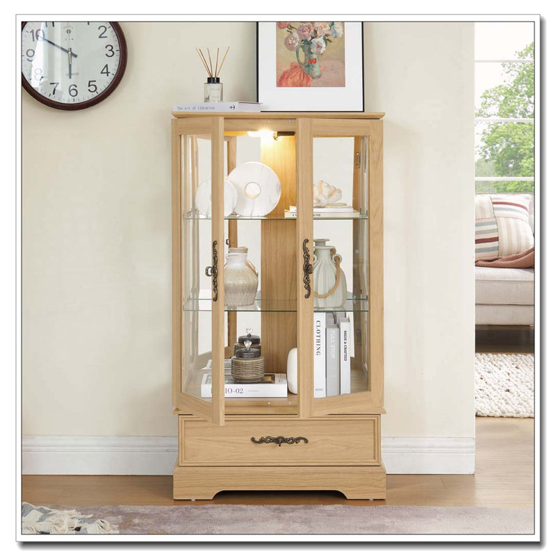 Vitrine lumineuse en verre avec tiroir et tablettes réglables, Naturel