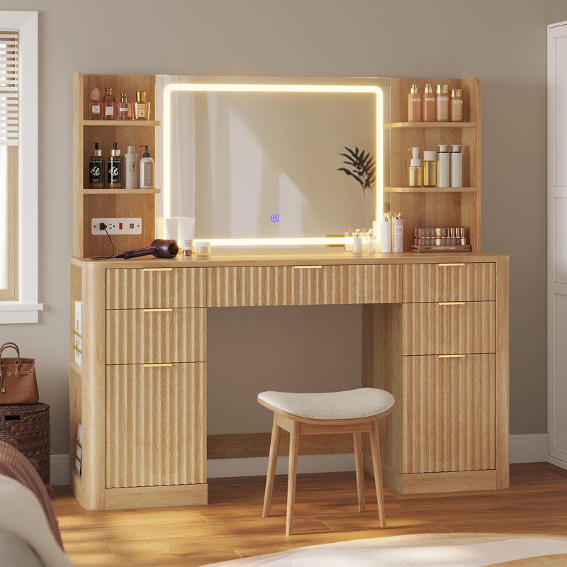 Meuble-lavabo cannelé avec grand miroir et lumières, coiffeuse avec multiprise, 6 tablettes ouvertes, 2 armoires, 5 tiroirs, coiffeuse moderne
