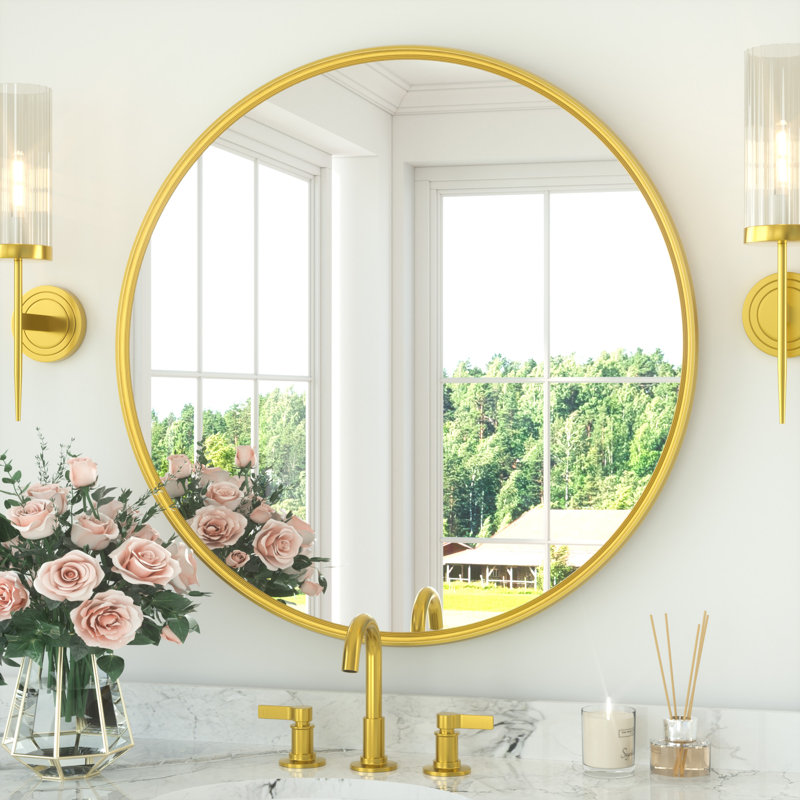 Round Bathroom Mirror with Tempered Glass, 32" x 32", Gold