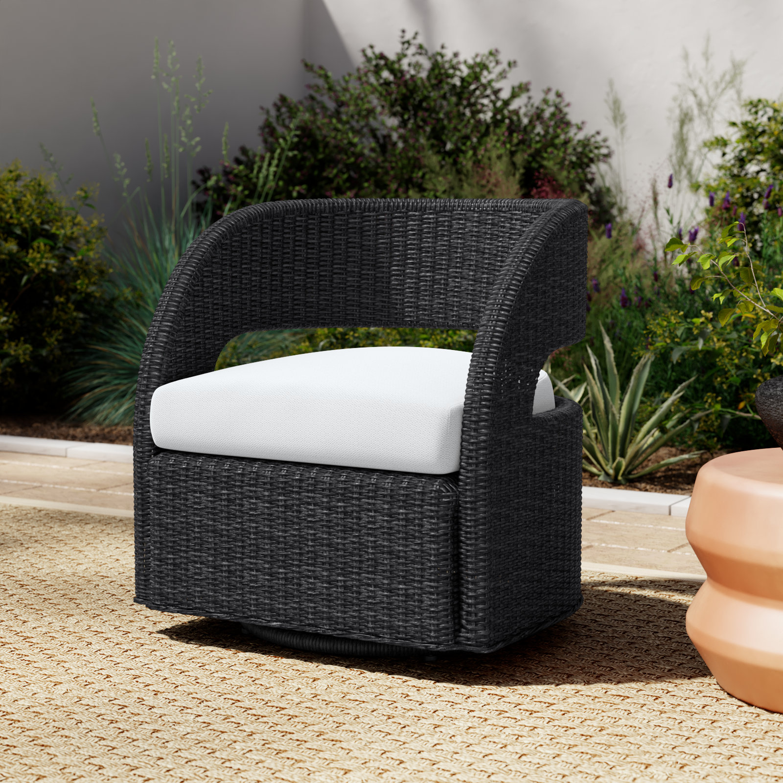 Maxille Swivel Wicker Outdoor Lounge Chair, Vintage Coal