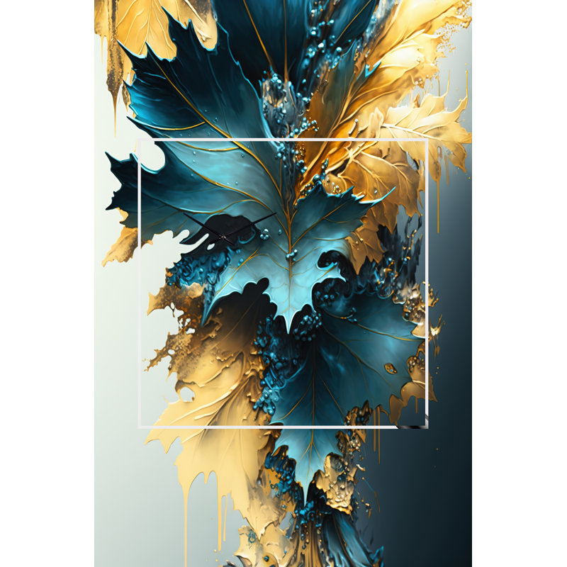 Abstrait bleu et feuilles d'or II - horloges asymétriques en métal à feuilles, horloge murale de forme irrégulière bleue