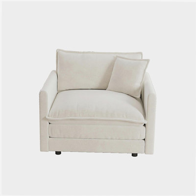 Comfy Deep Single Seat Sofa Upholstered Reading Armchair Living Room Chair White Chenille Fabric , 1 Toss Pillow