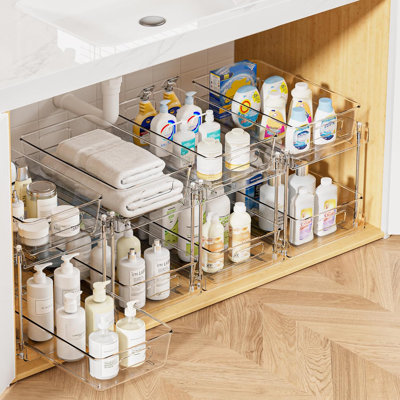 Ensemble de 4 organisateurs de salle de bain, 2 compartiments transparents sous le lavabo pour comptoir de meuble-lavabo, bacs à tiroirs d'armoire, rangement coulissant avec garde-manger, cuisine