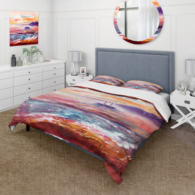 Bateau sur l'océan pendant le coucher de soleil vibrant - ensemble de housse de couette nautique et côtier - polyester en microfibre