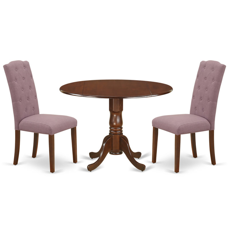 Ensemble de salle à manger 3 pièces pour petits espaces comprenant une table de salle à manger ronde avec Dropleaf et 2 chaises de salle à manger Parsons en lin Dahlia, acajou