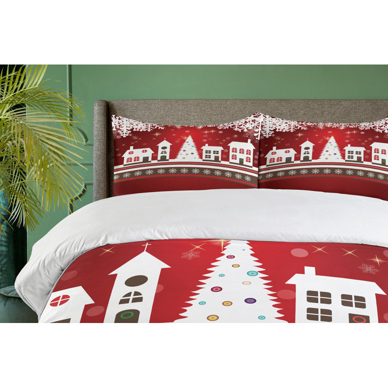 Red and White Christmas Village Microfiber Duvet Cover Set