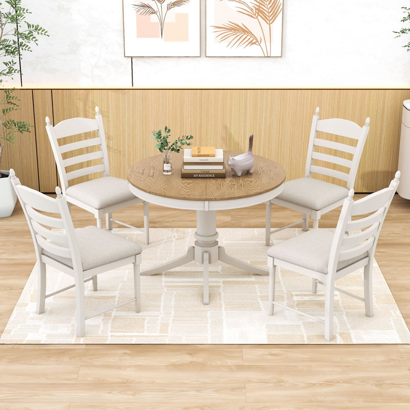 Ensemble de salle à manger à piédestal 5 pièces Gracelinn, table de salle à manger extensible ronde en bois et 4 chaises rembourrées