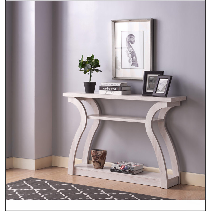 Entryway sofa hall console curvy leg design two shelves thick top panel White Oak color