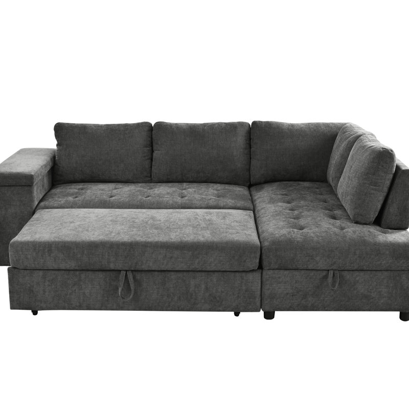 Grey L Shaped With Pull Out Function And Storage Sections Spacious Couch Bed - Fabric