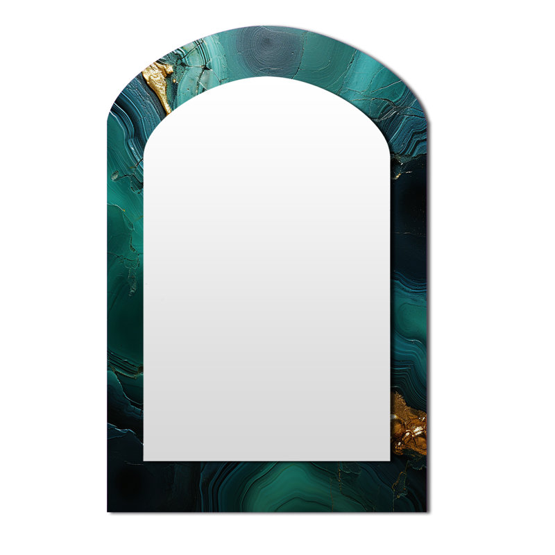 Spiritual Stone Malachite Renewal - Stone Geode Asymmetrical Wall Mirror, Green Arch Decorative Mirror, Printed Metal Art