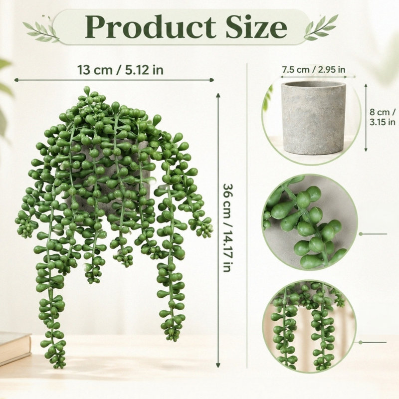 14,17 pouces chaîne artificielle de perles plante en pot, plante grasse suspendue en faux pot en ciment pour décoration murale