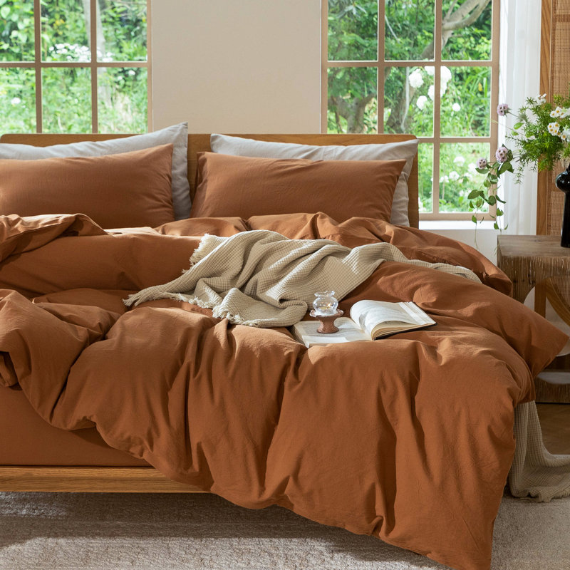 Ensemble de housse de couette légère avec fermeture à glissière 8 attaches 100% coton lavé MooMee, Orange foncé