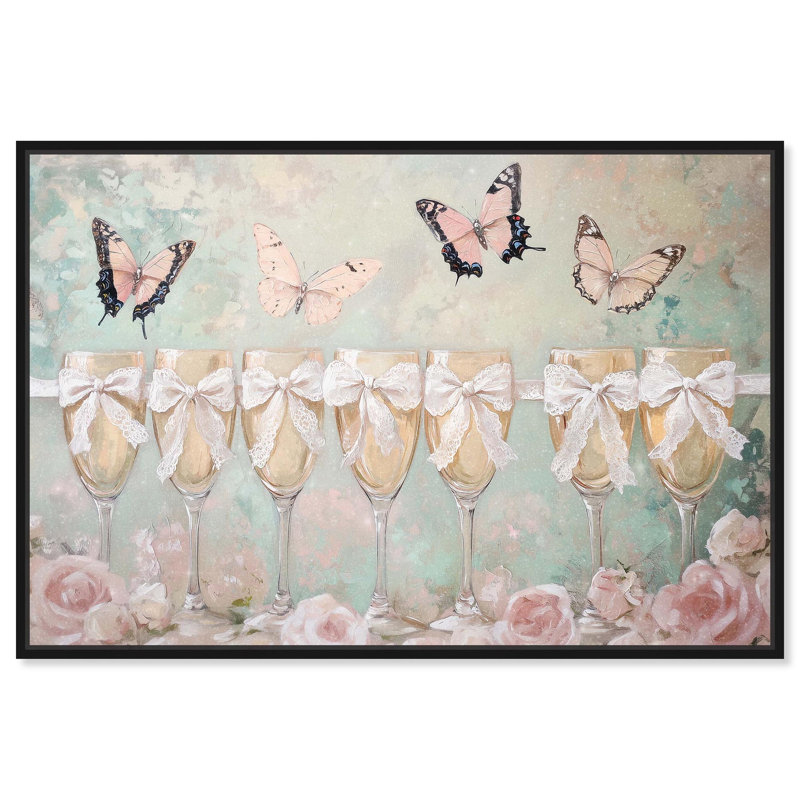 «Champagne Mint and Pink Glass Collection», art mural sur toile , H 25 po x l 37 po, Cadre flottant noir