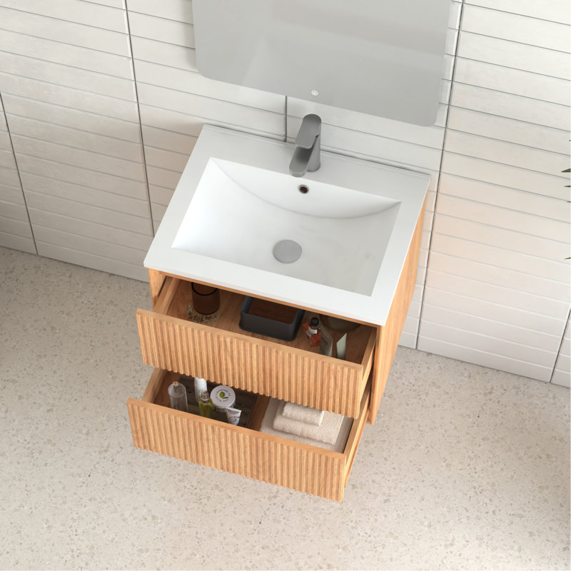 Meuble-lavabo flottant 24 po 24 po, fixation murale en bois massif avec 2 tiroirs, lavabo en résine blanche, conception américaine, armoire de 17,66 po de largeur, lavabo rainuré, style