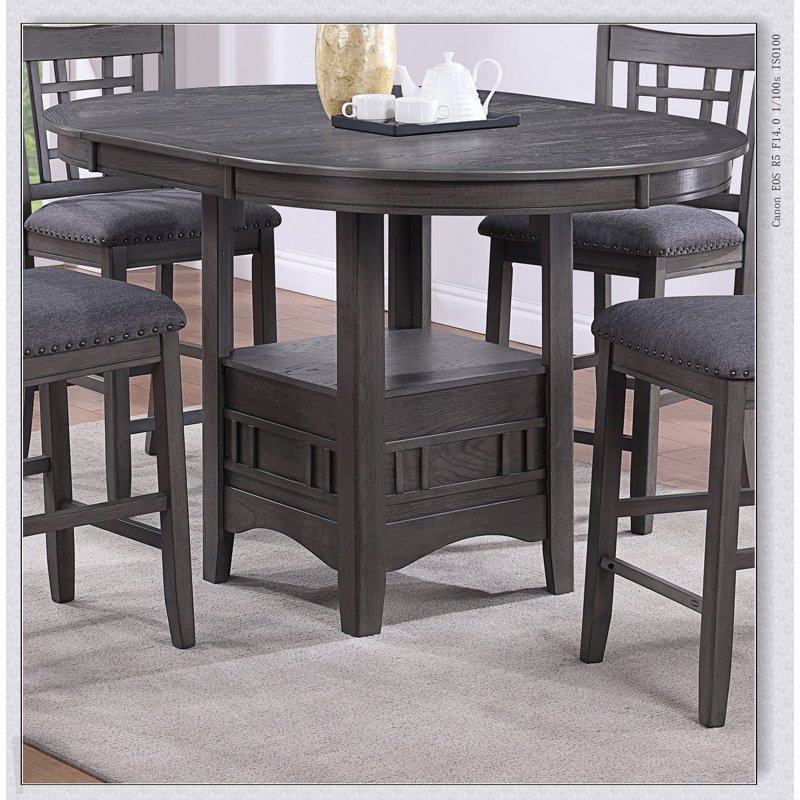 Round Counter Height Dining Table With Built-In Leaf And Lower Shelf, Solid Wood Construction, Gray Finish