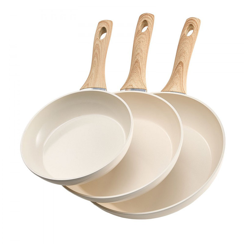 Ensemble de poêles à frire en aluminium 3 pièces 8 9,5 11 po beige pré-assaisonné