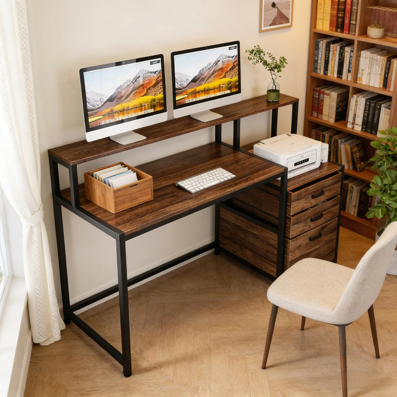 Bureau d'ordinateur spacieux, Brun rustique / noir