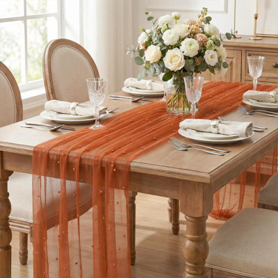 Gauze Pearl Autumn Table Runner 70 x 300 cm | Seasonal Fall Sheer Chiffon Cheesecloth Dining Holiday Birthday Wedding Table Decor for Home Party