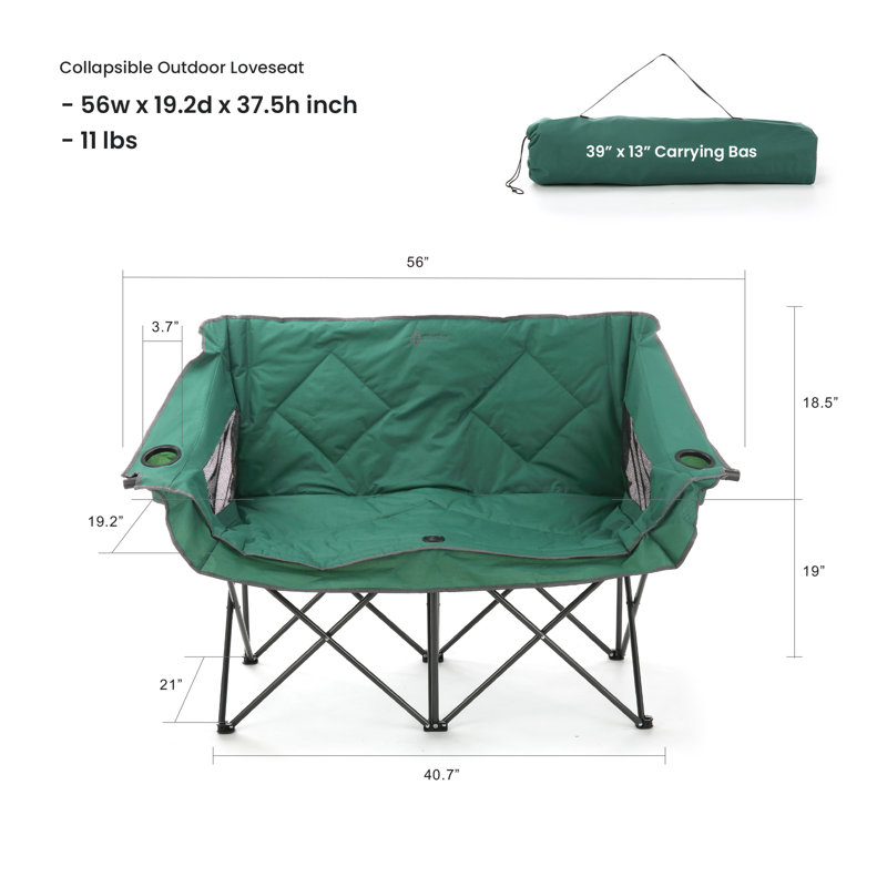 Forest Green Portable Folding Double Camping Loveseat with Cup Holders