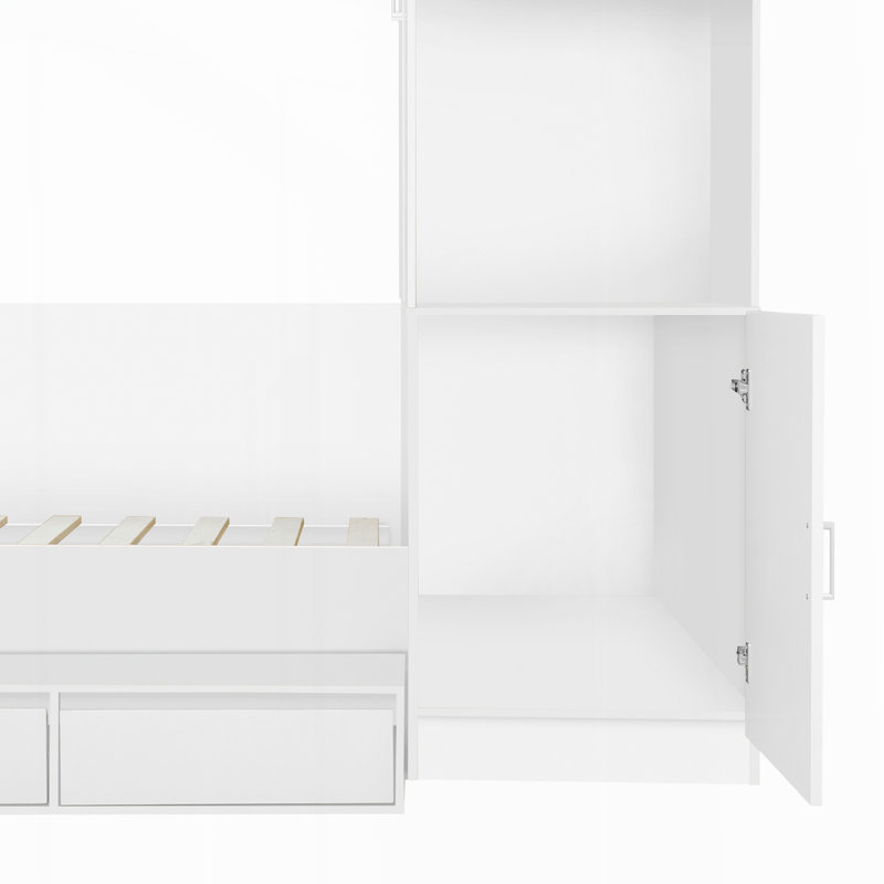 Lit plateforme en bois avec bureau et garde-robe, Blanc