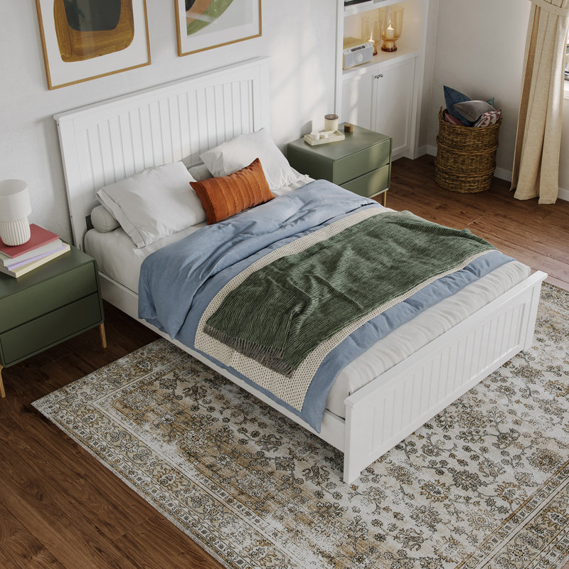 Lit plateforme en bois massif francoise avec pied de lit assorti Francoise, Double, Blanc