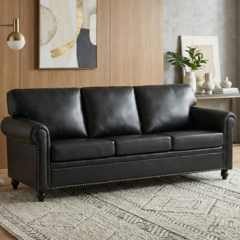 Canapé classique avec accoudoirs roulés et coussins amovibles, 3, Noir