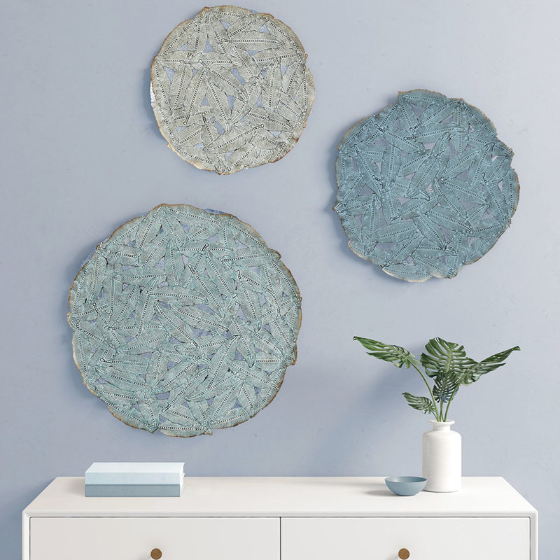 Textured Feather Metal Disc Wall Art In Blue Color - 3 , 20", 17.25", 14.25" , Indoor Decoration Decor With Pattern Blue, Easy To Hang, Diameter