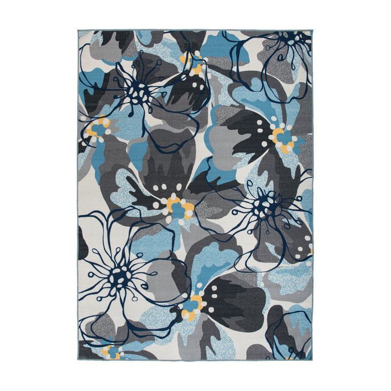 Tapis gris / argenté à poil long à motif floral Florentia, Rectangle 12 pi x 15 pi