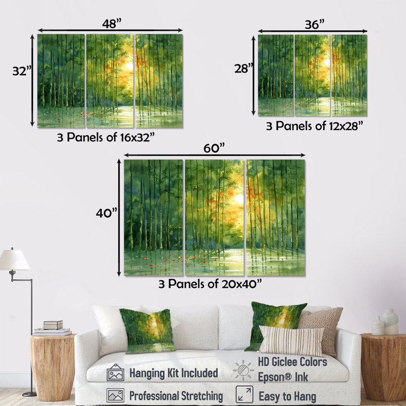 «Bamboo in Amazon Rainforest At Sunset I», ensemble de reproductions d'art mural en bambou, H 32 po x l 16 po x P 1 po