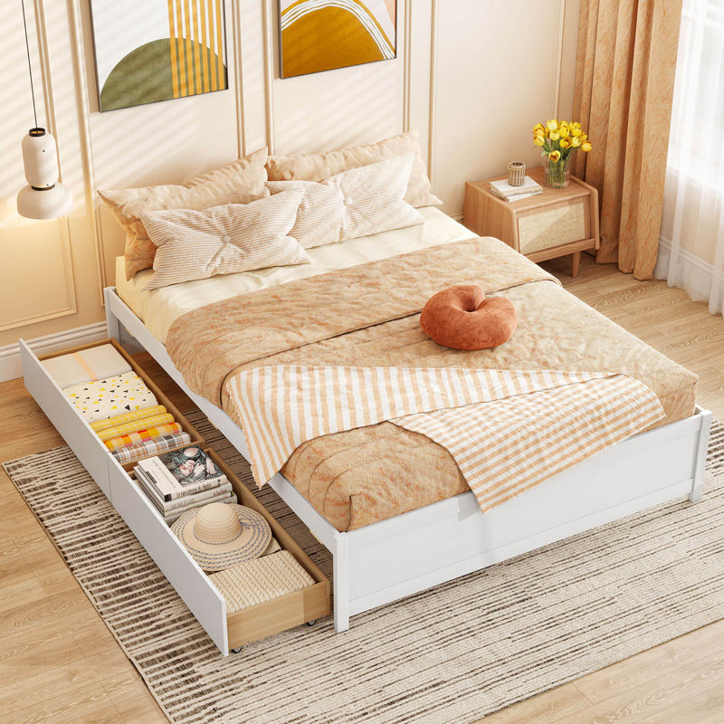 Structure de lit grand format en bois avec tiroirs de rangement roulants, Blanc