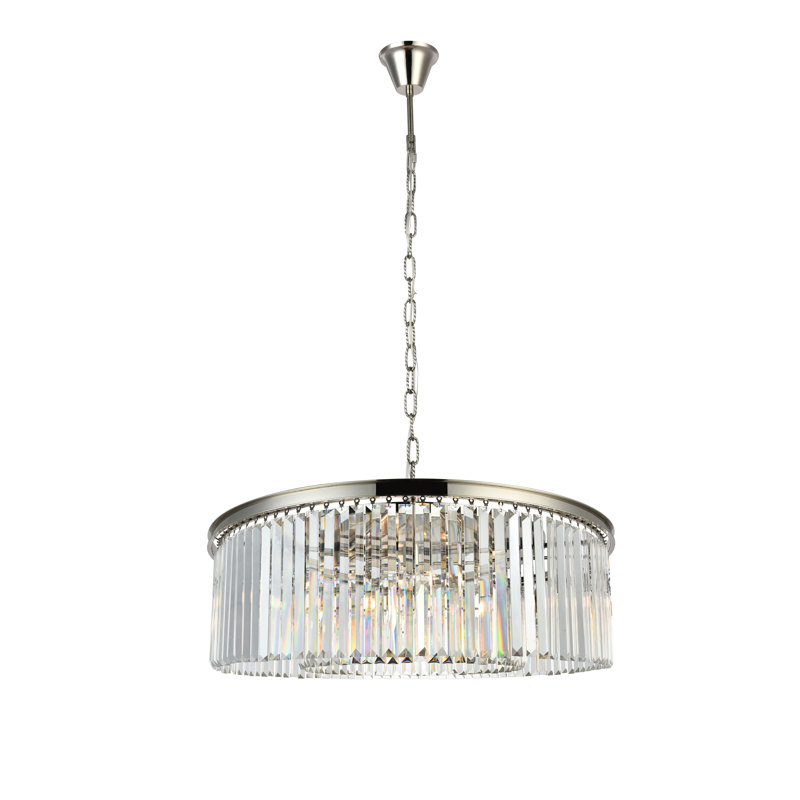 Lustre cylindrique unique à 10 lumières Yazmin, Cristal (transparent), Nickel poli