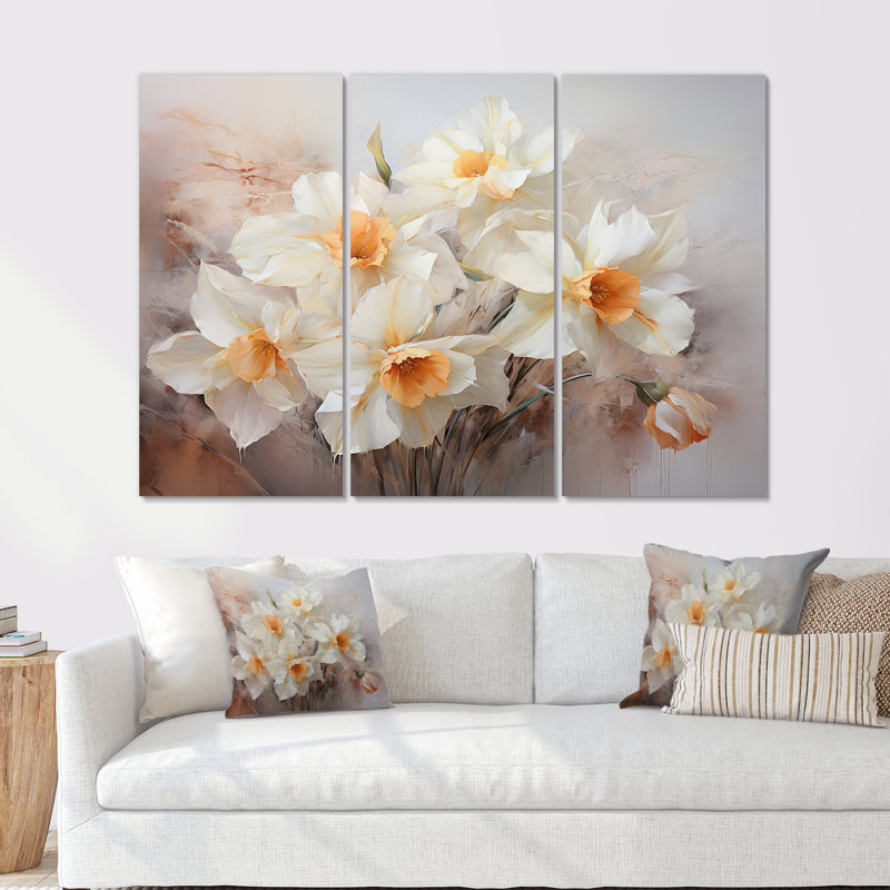 Minimalisme blanc et orange jonquilles Blossom - ensemble de décorations murales jonquilles, H 32 po x l 48 po x P 1 po