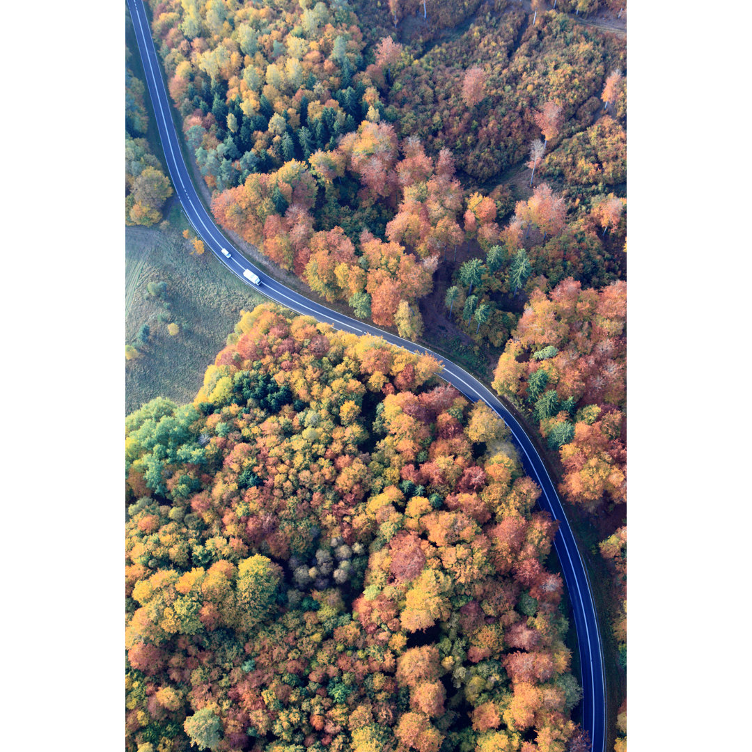 Luftaufnahme der Straße im Herbstwald von DariuszPa - Kunstdrucke ohne Rahmen auf Leinwand