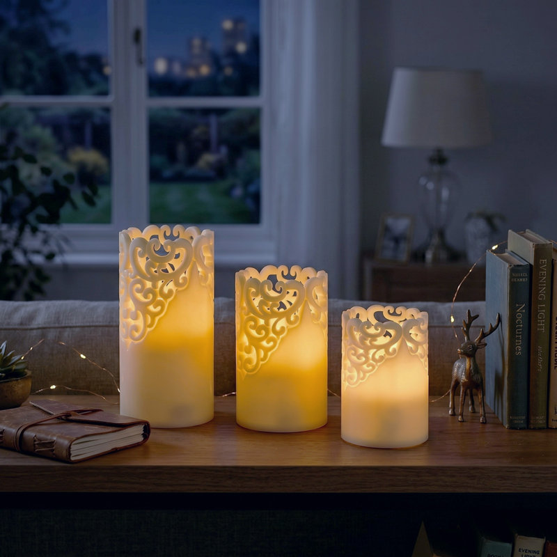 LED Candles with Remote Control – Pack of 3 Realistic Flameless Pillar Lights with Lace Details and Vanilla Scented Wax
