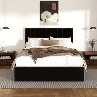 Haden Velvet Upholstered Platform Bed Frame with Channel Tufted Headboard