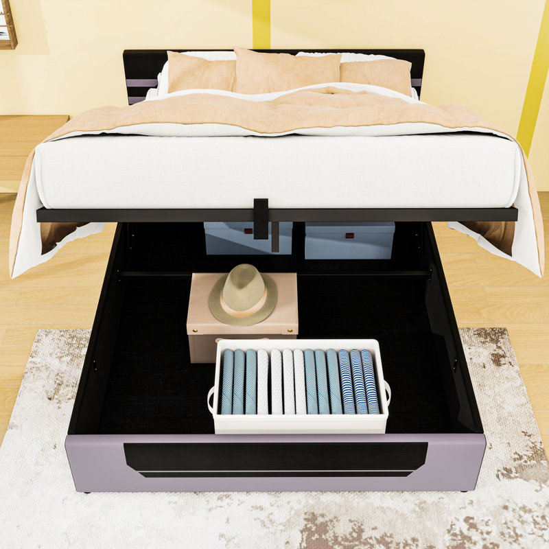 Grand lit de jeu avec tête de lit tapissier et rangement relevable, Gris