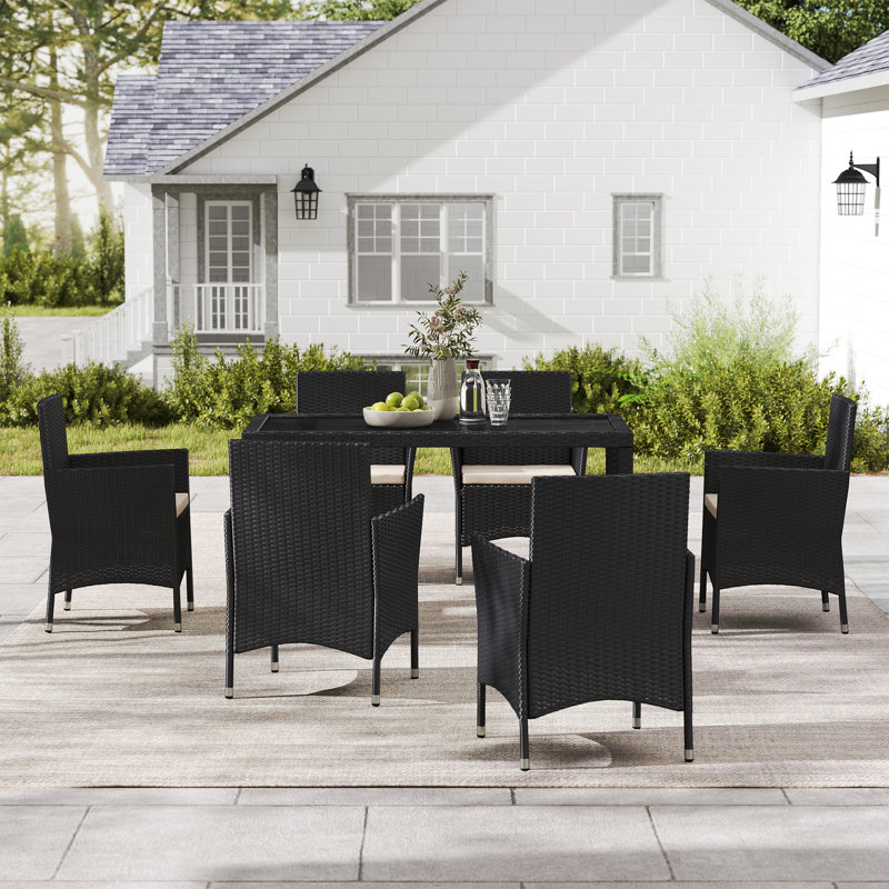 7-piece Rectangular Wicker/rattan Outdoor Dining Set With Cushions And Tempered Glass Top, Black