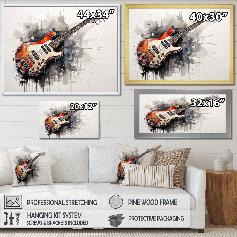 «Brown Charcoal Guitare», art mural musique, Cadre d'angle fermé noir, H 30 po x l 40 po x P 1,5 po