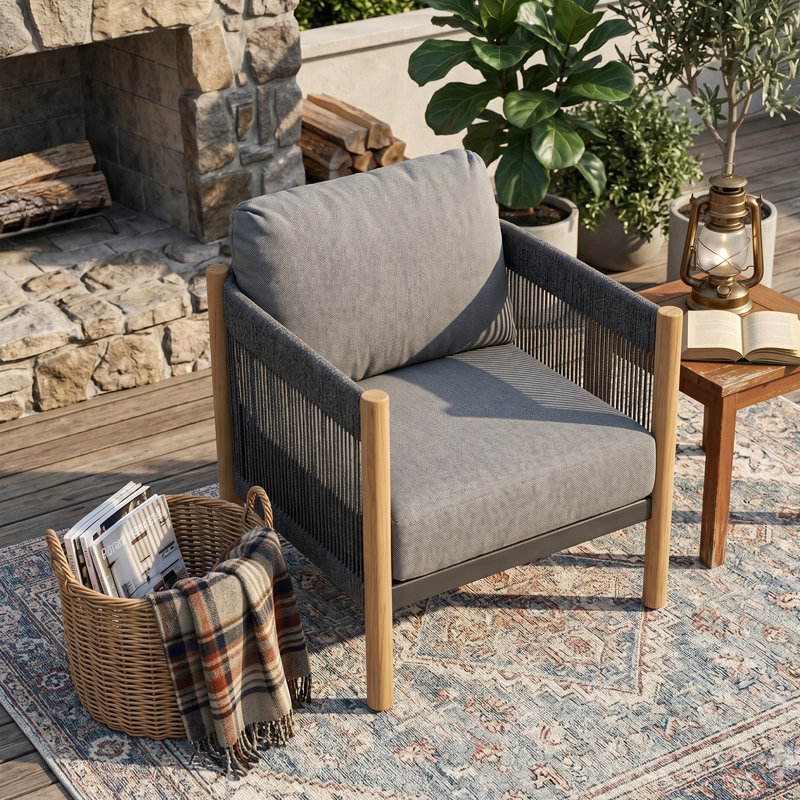 Chaise longue d'extérieur en teck avec coussins Dekka