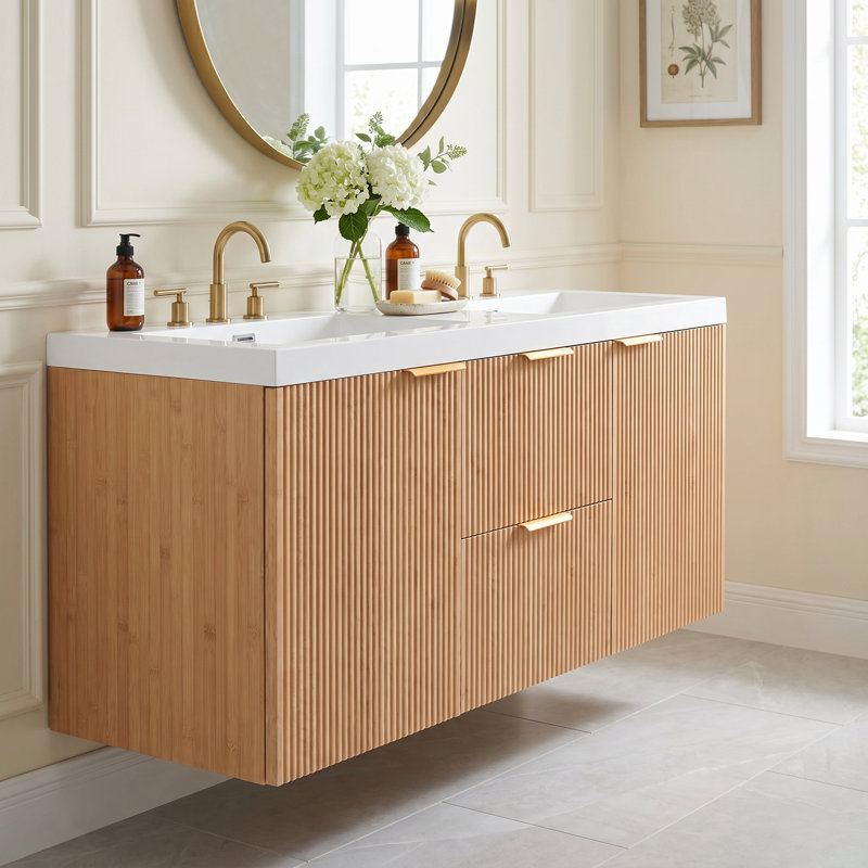 Meuble-lavabo double 47,24 pouces avec comptoir en bois massif, armoire en panneau de fibres à densité moyenne, portes à fermeture en douceur, tiroirs divisés, meuble-lavabo mural moderne