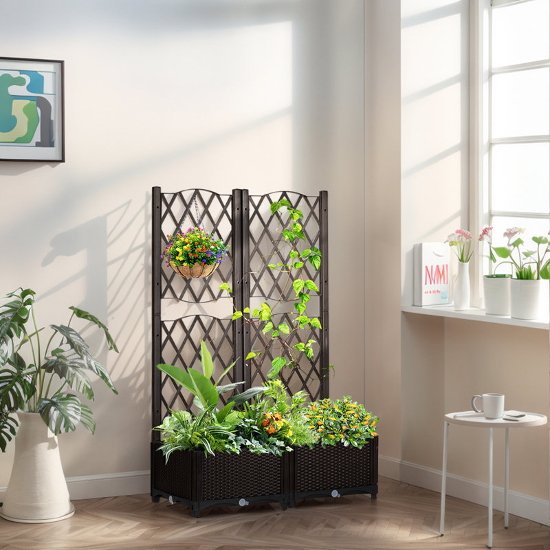 Bac à fleurs en osier brun: lit surélevé autoportant pour plantes grimpantes