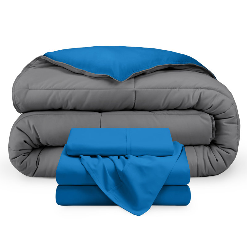 Lit dans un sac réversible en microfibre, Bleu moyen / gris, bleu moyen, Édredon simple extra long + 1 taie d'oreiller