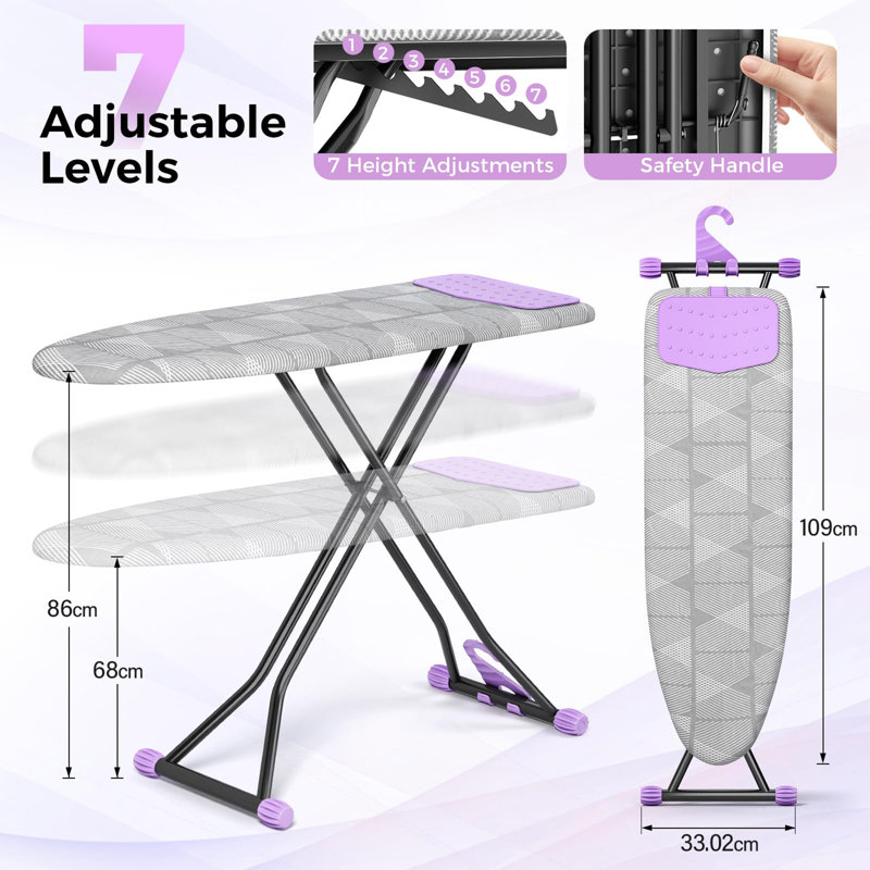 Adjustable Ironing Board with Silicone Iron Rest, Foldable Ironing Board with Heat-Resistant Cover and Wall Mount Hanger