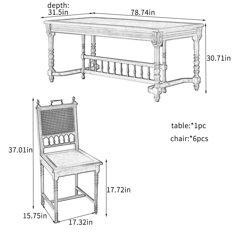 Ensemble de table de salle à manger rétro en bois de frêne massif., H 30,71 po x L 78,74 po x l 31,5 po