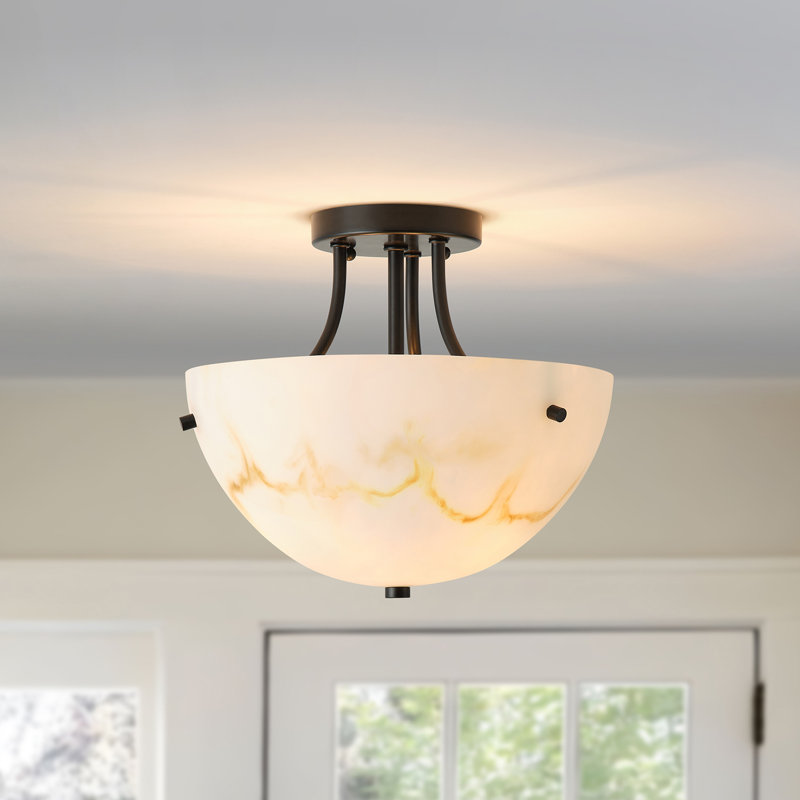 2-Light Bowl Veined Faux Alabaster Semi Flush Mount, Matte Black