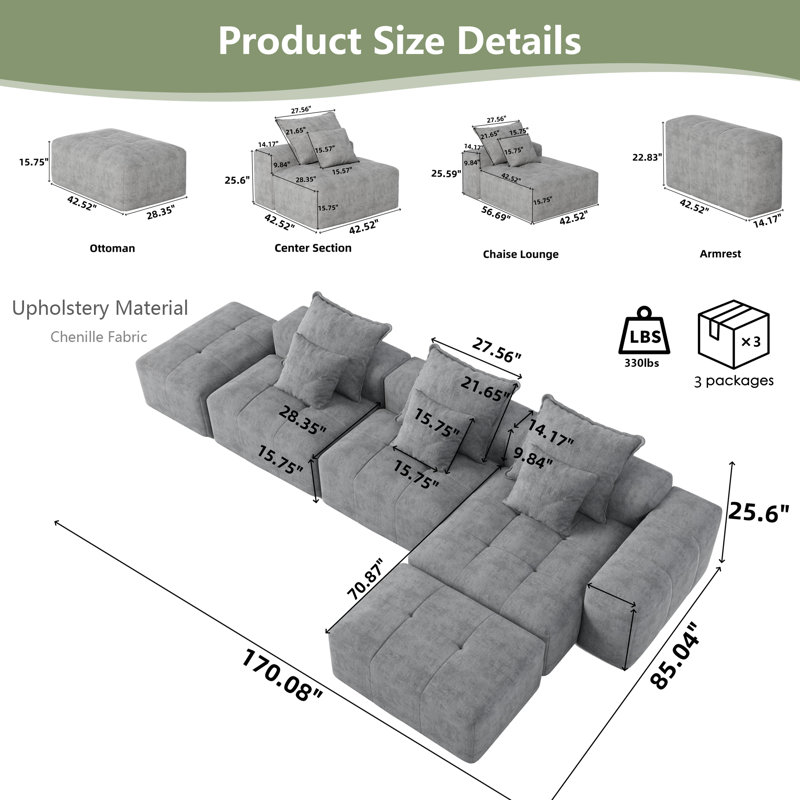 Boneless 170" Oversized Modular Sectional Sofa 5-Seat Sparkling Couch with 6 Pillows, No Assembly Required, Blue Chenille