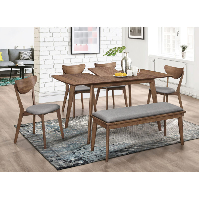 2 chaises de salle à manger - Finition noyer naturel et siège rembourré en tissu de style moderne Mid-Century gris